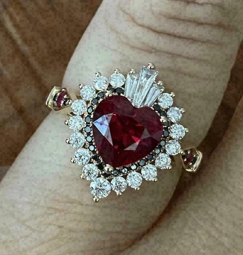 5.50Ct Heart Cut Natural Ruby & Diamond Solid 14k Yellow Gold anniversary Ring