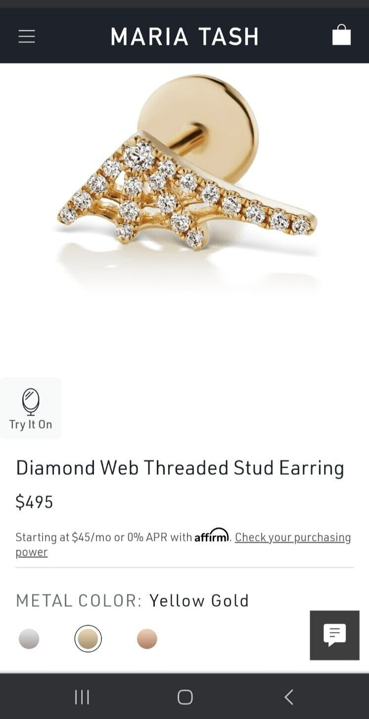 Maria Tash Diamond Web Threaded Stud Yellow Gold (Left) New without tags