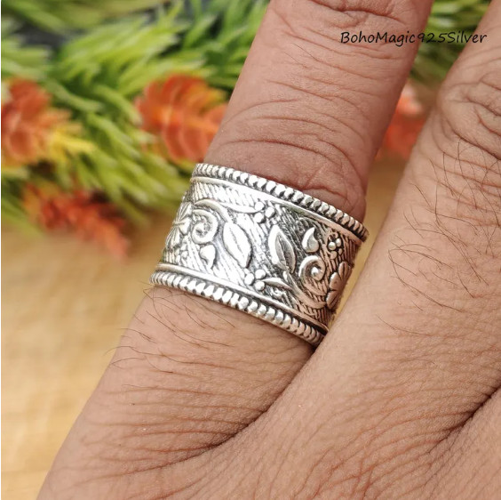 Printed Wide Band Ring Men’s Gift Ring Wedding 925 Silver Ring All Size R348