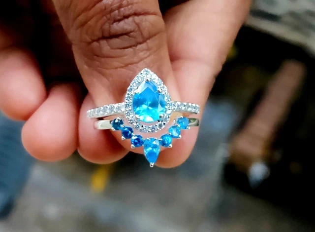 3Ct Pear Cut Lab Created Blue Topaz Engagement Bridal Ring 14K White Gold Plated