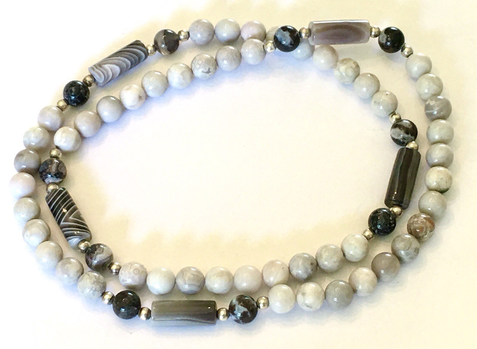 Vintage STERLING SILVER ~ 8 mm Gray Jasper Bead ~ 26” Long Necklace