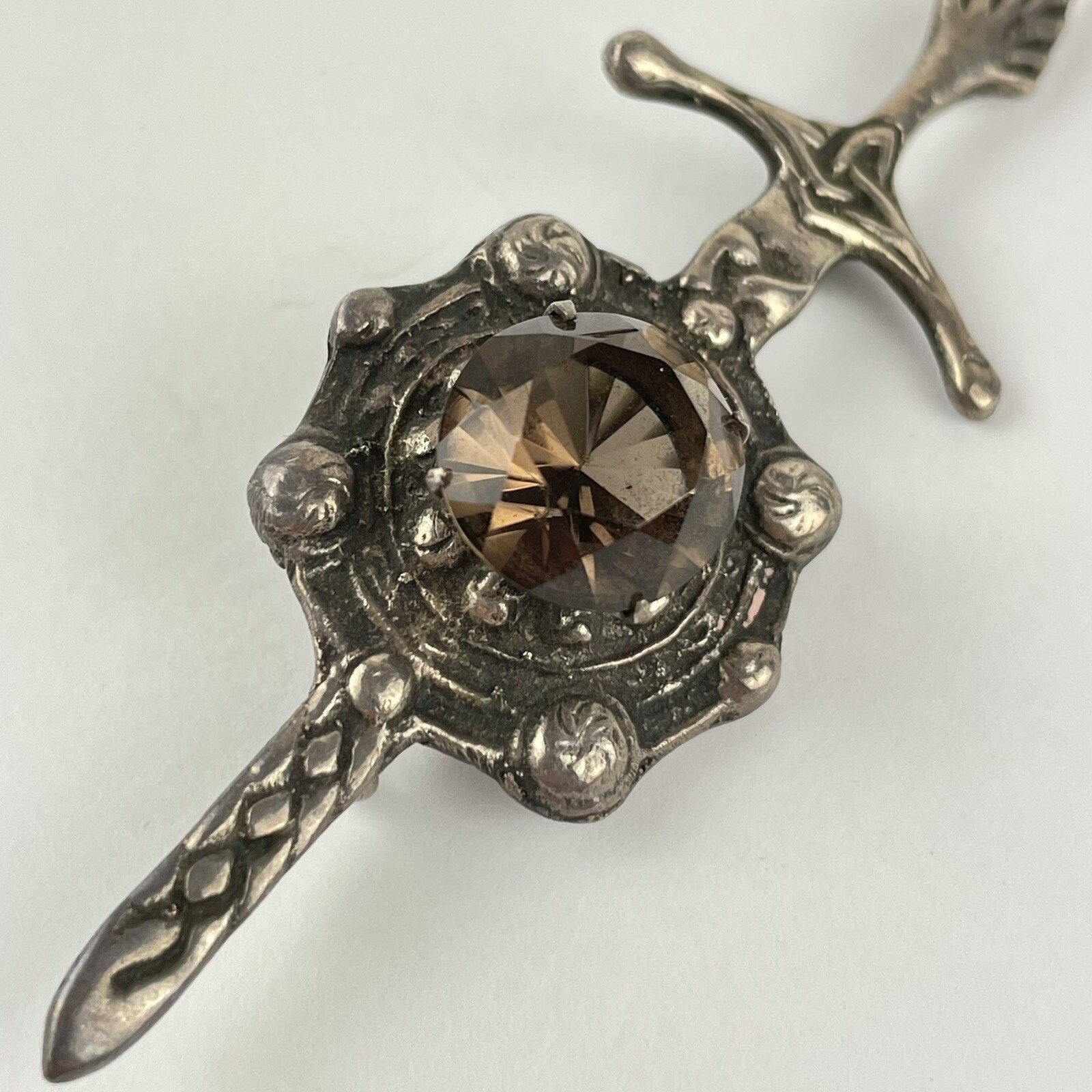 Vintage Solid Silver Celtic Style Brooch Smokey Quartz Set 7cm