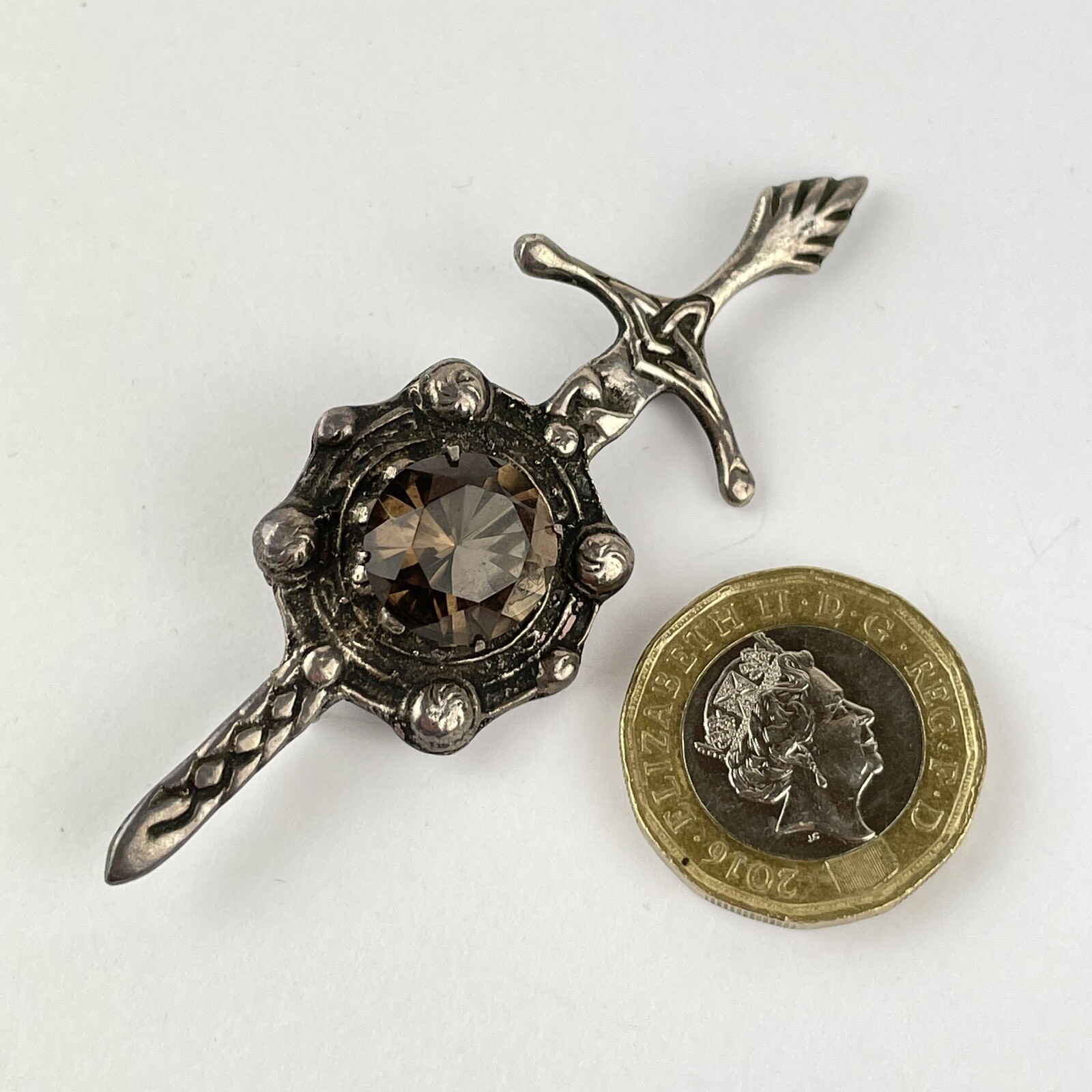 Vintage Solid Silver Celtic Style Brooch Smokey Quartz Set 7cm