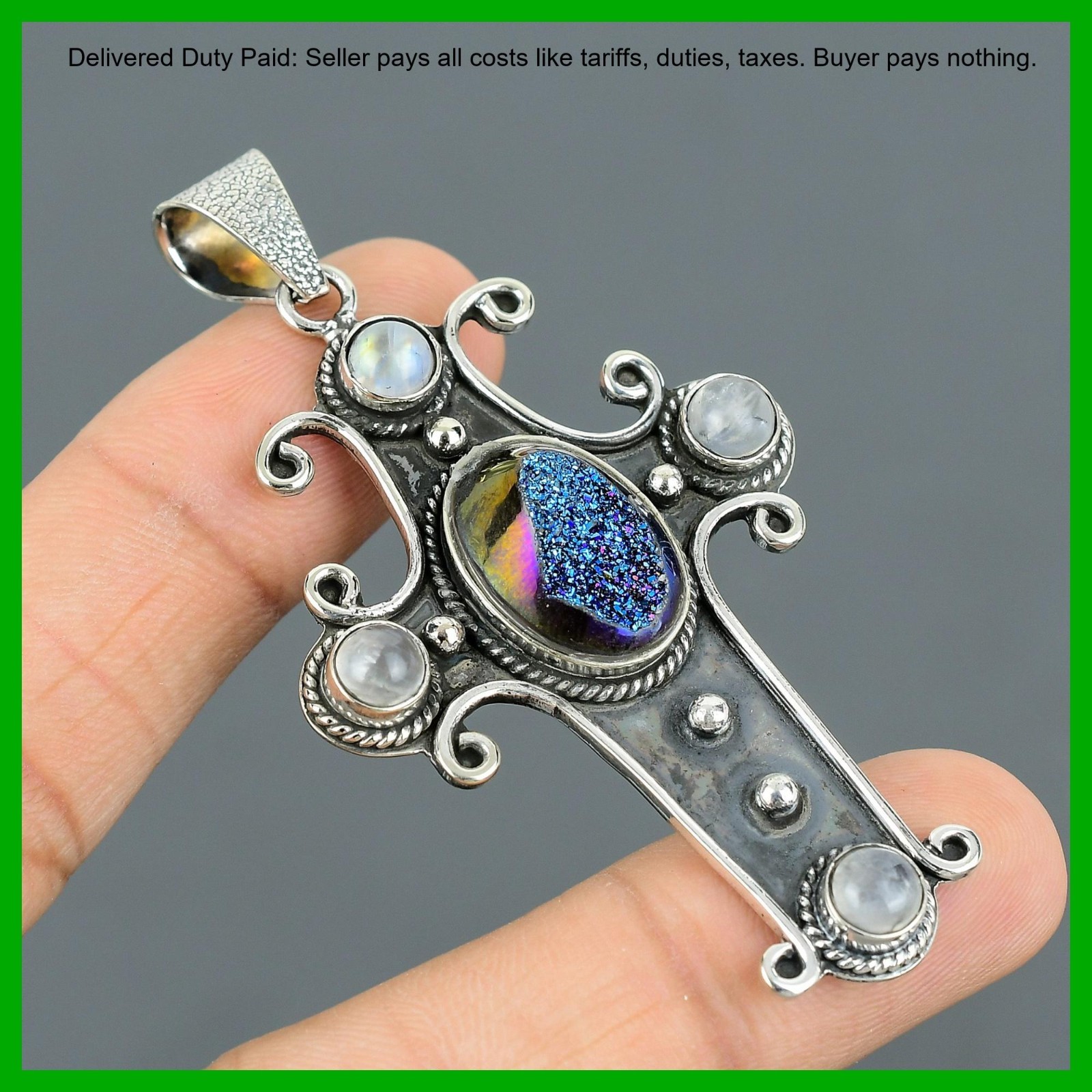 Titanium Druzy Gemstone Rainbow Moonstone 925 Silver Artisan Wedding New Pendant