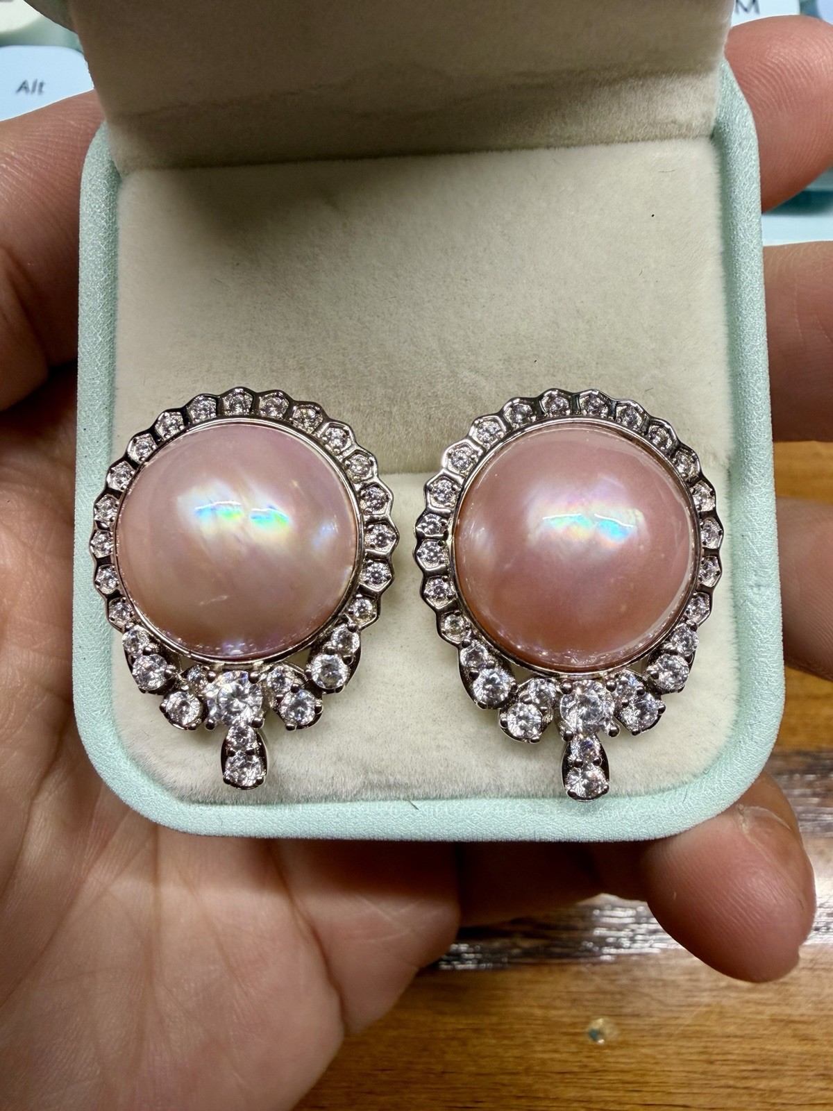 925 Sterling Silver White Gold Plated Mabe Pearl Halo Stud Earrings