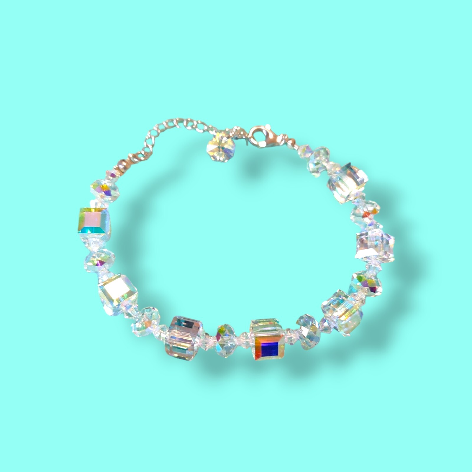 Sterling Silver 9in Heliotrope Crystal Glass Cube Bracelet Signed