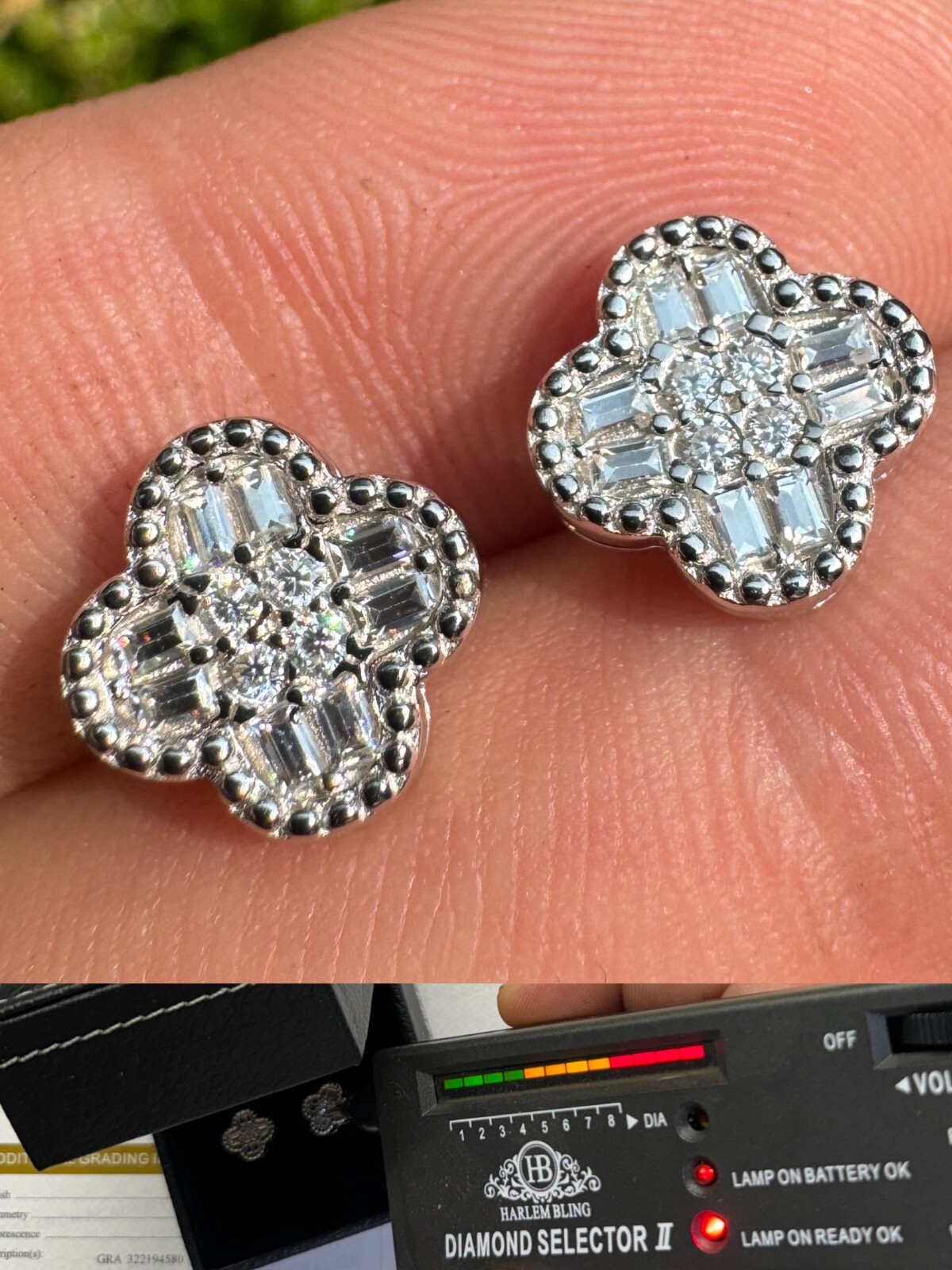 MOISSANITE Earrings Clover 10mm Real 925 Silver Iced Baguette Mens Ladies Studs