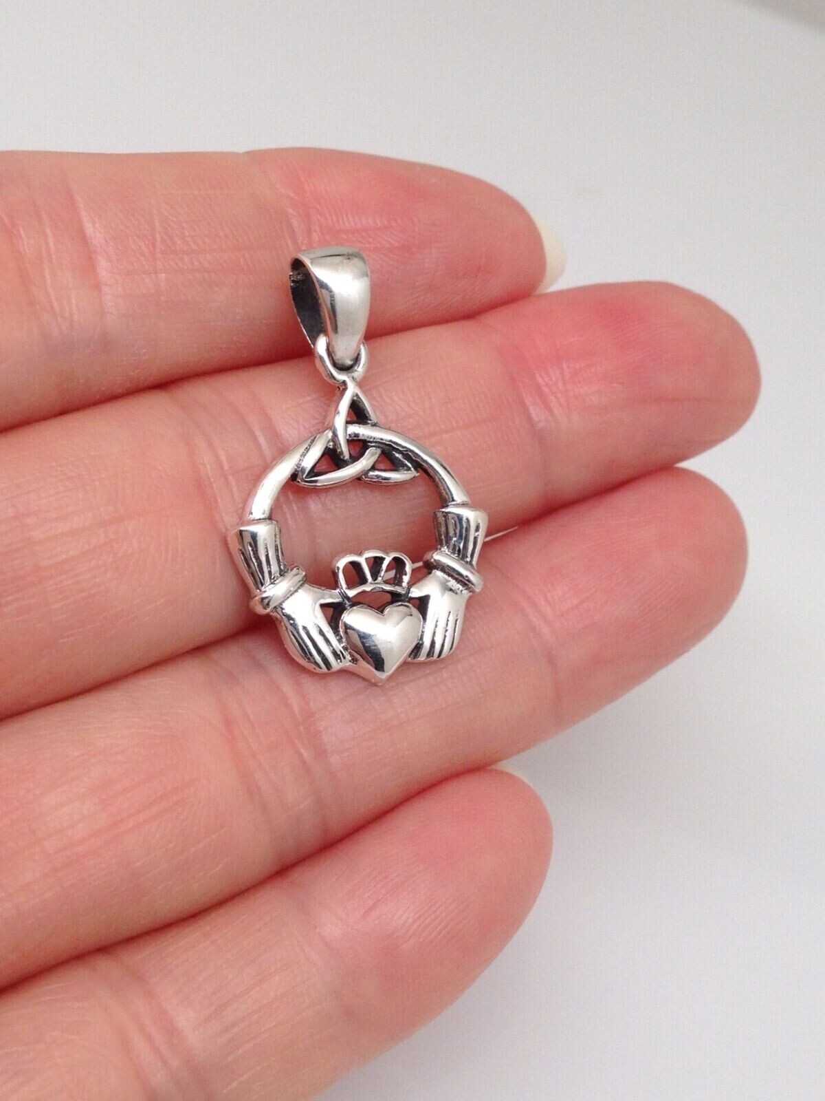 925 Sterling Silver Celtic Triquetra Claddagh Pendant 19mm(0.75″)/28mm(1.1″)