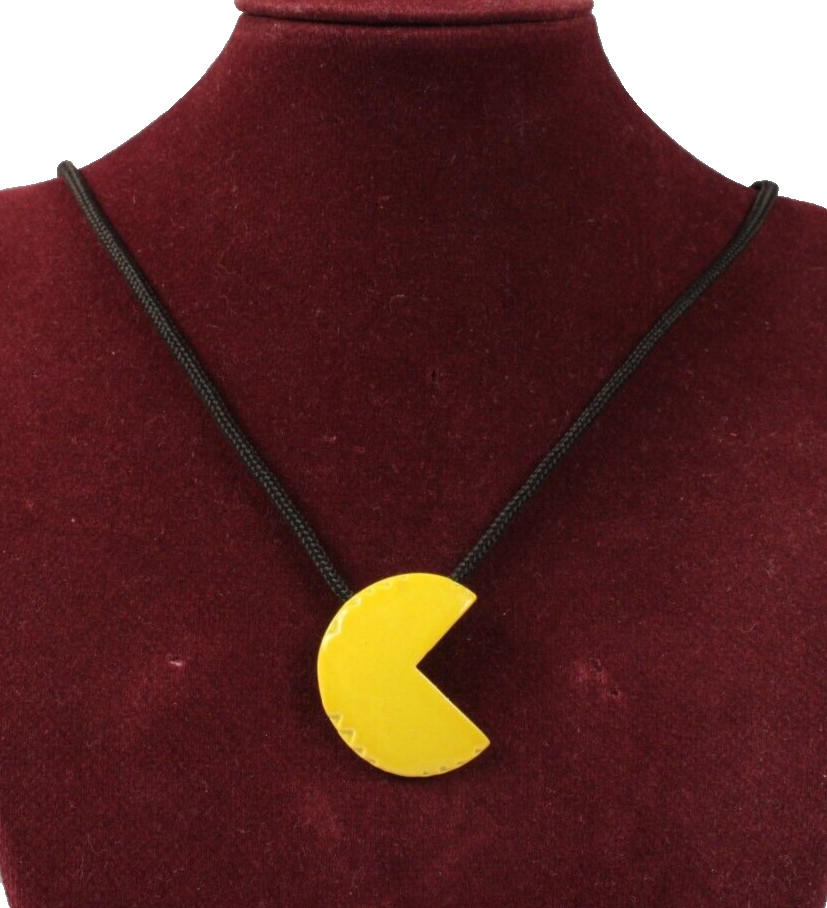 Vintage 1970s Metal Pac-Man Necklace on Black Cord 24 Inches