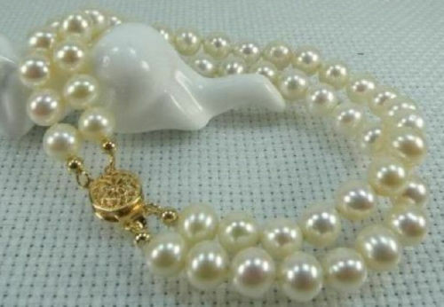 2 Strands AAA+ natural 7-7.5mm akoya white round Pearl Bracelet 7.5-8″ 14k gold