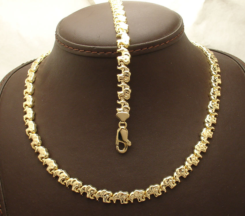 Baby Elephant Bracelet Necklace Set 14K Yellow Gold Plated Silver 925 32.10gr