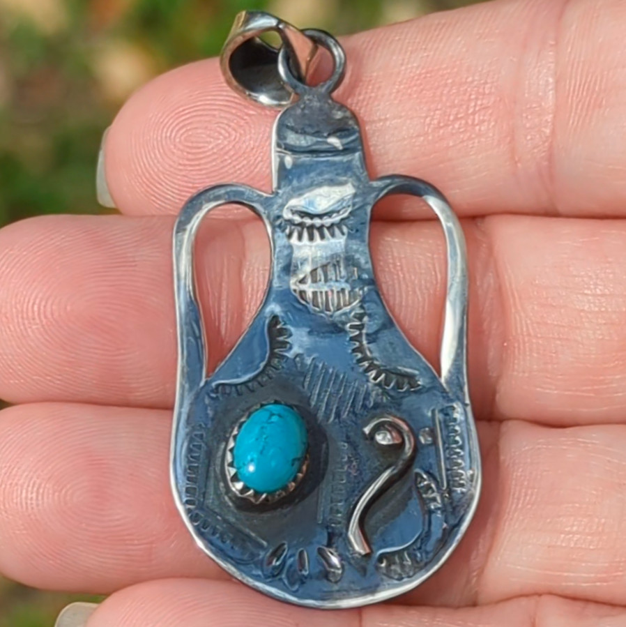 Vtg Sterling Silver Southwestern Native American Turquoise Vase Shaped Pendant