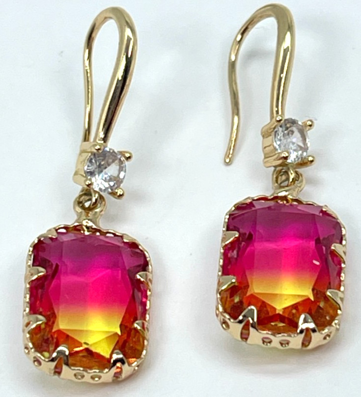 Earrings Gold Tone Transitioning Hot Pink to Bright Yellow Cushion Cut Crystals