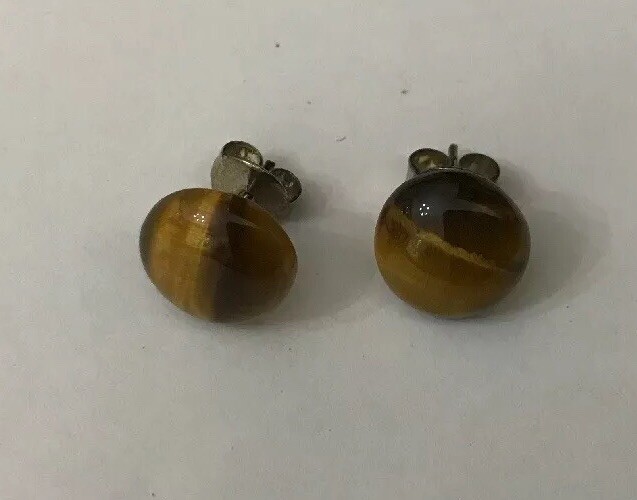 Vintage Sterling Silver 12mm Brown Tigers Eye Stud Earrings Butterfly Fasteners