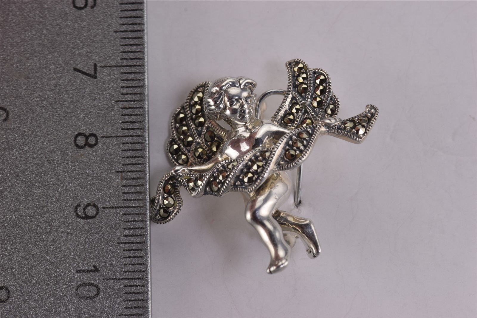 Vintage Judith Jack Sterling Silver 33mm Marcasite Angel Cherub Cupid Brooch Pin