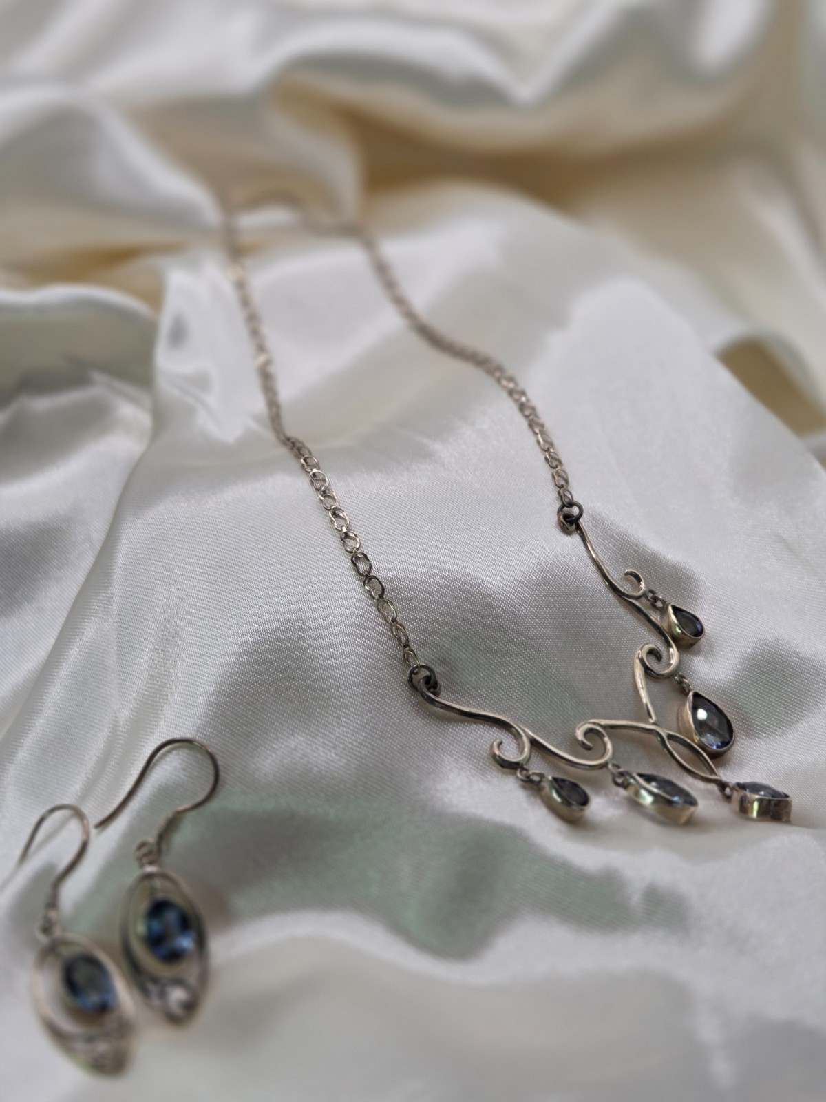 Sterling Silver With Translucent Blue Topaz Necklace and Earring Set 9.29 Grams