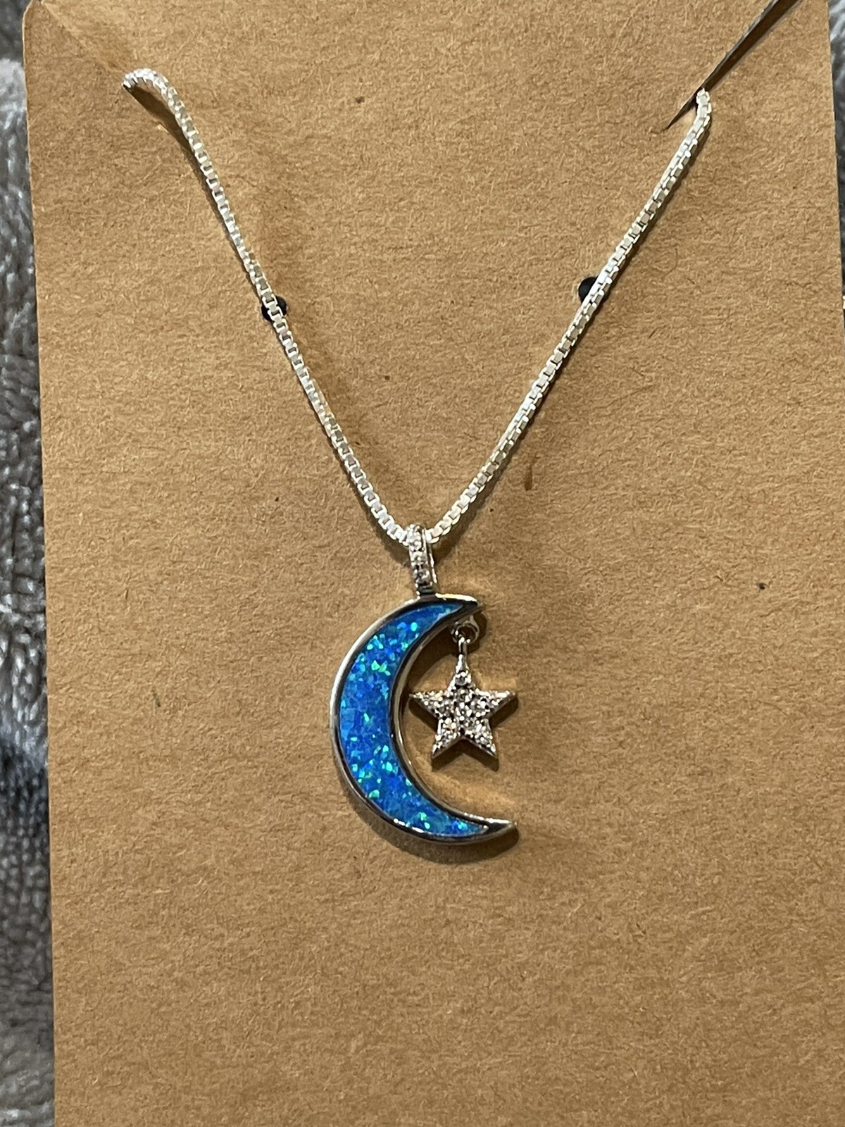 Blue Lab- Created Opal Crescent Moon & Star Sterling Silver Necklace 24 Inch