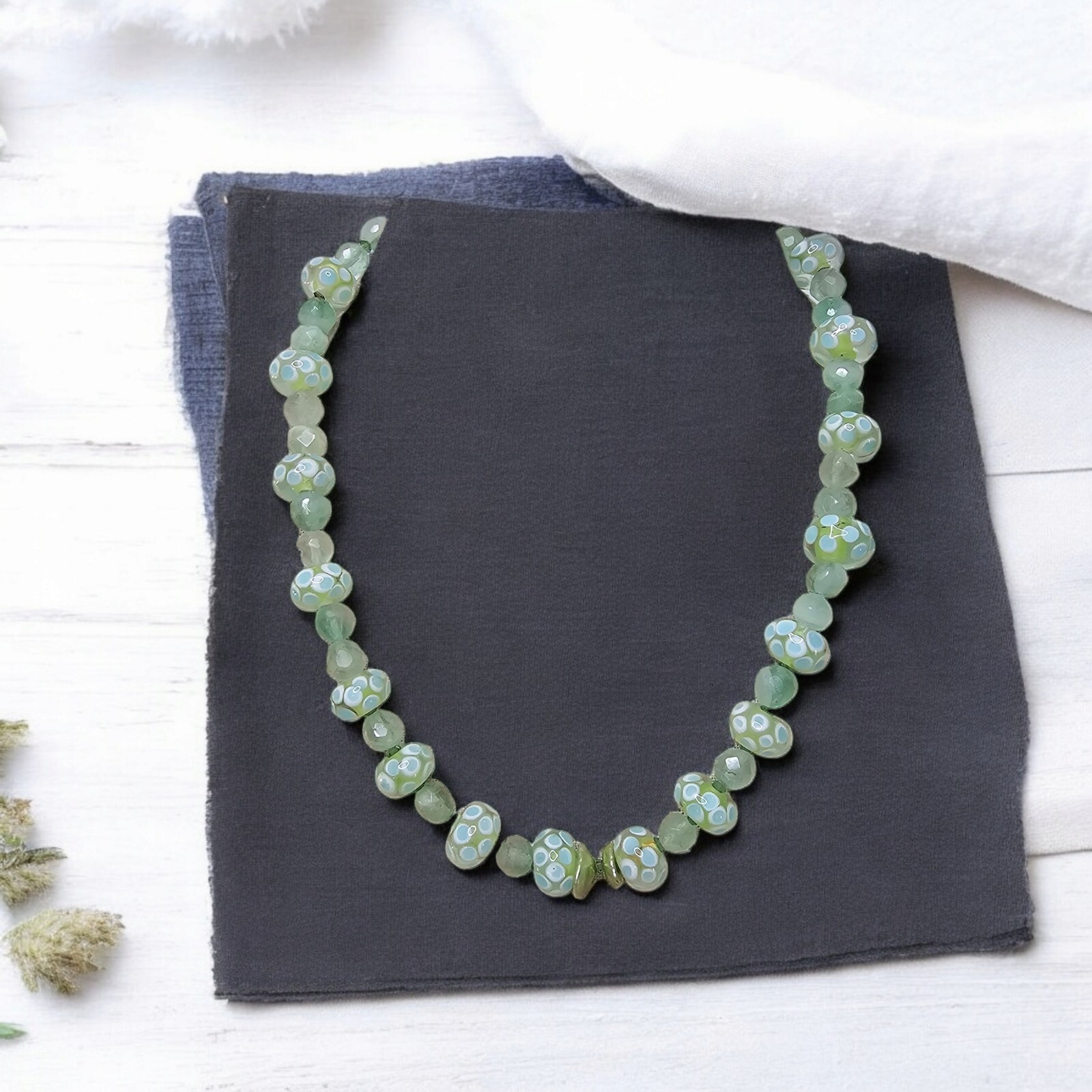 Artisan Necklace Green Speckled Art Glass Beads