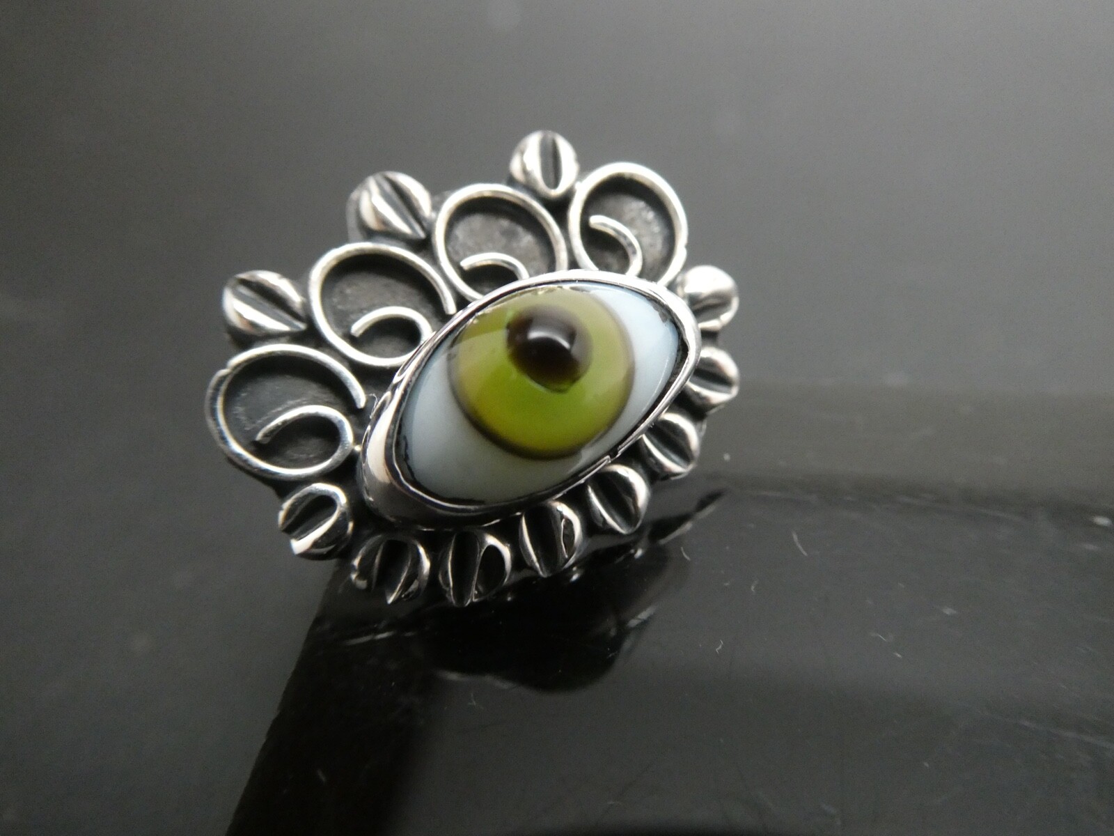 Green Evil EYE Sterling Silver 925 Taxco Mexico RING Adjustable Size 7 to 9