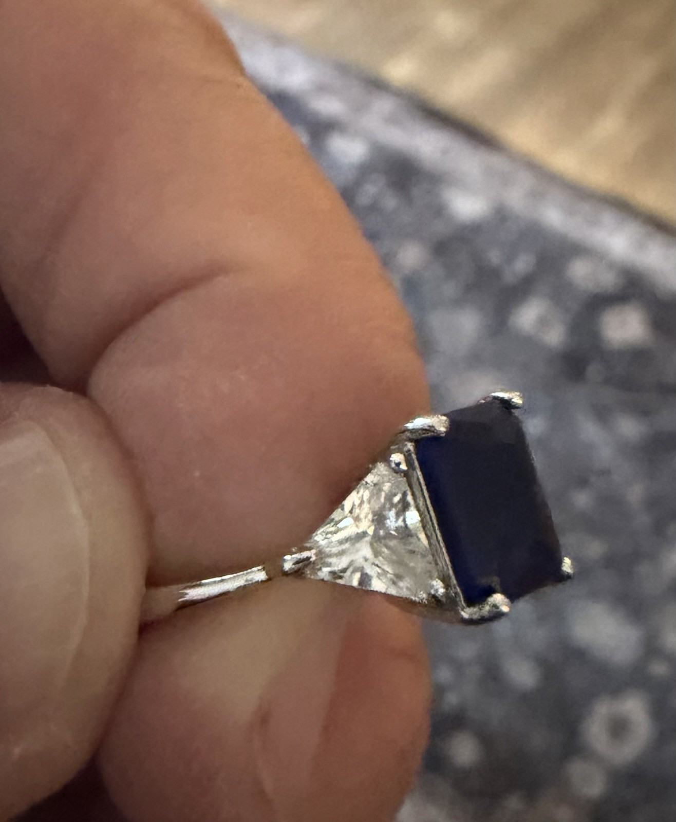 Emerald Cut Lab created Sapphire Ring: Vintage Sterling Silver Three Stone