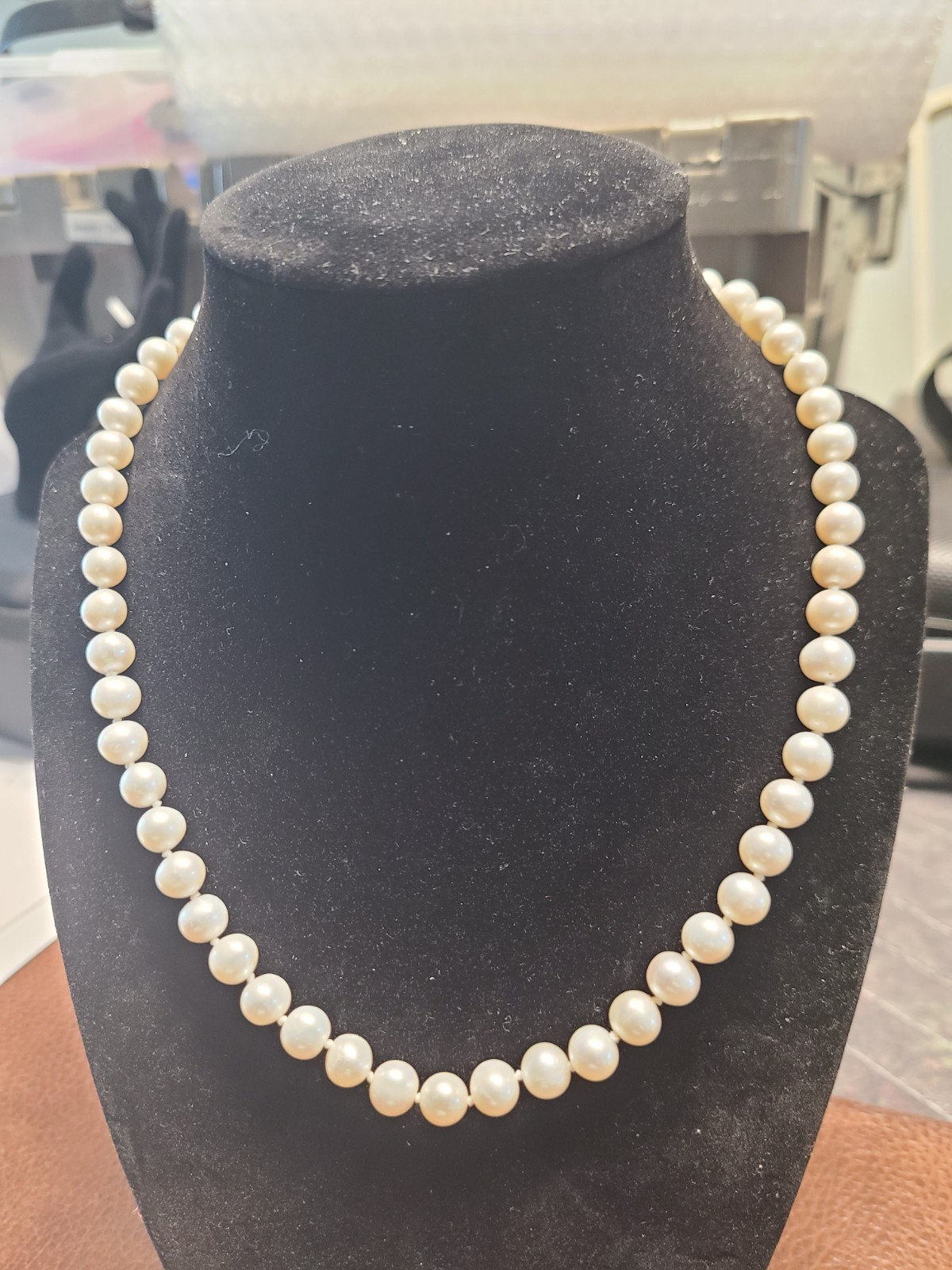 10K Gold JCM Cultured Pearl Necklace 18″ 7–8mm White Knotted Strand 32g Vintage