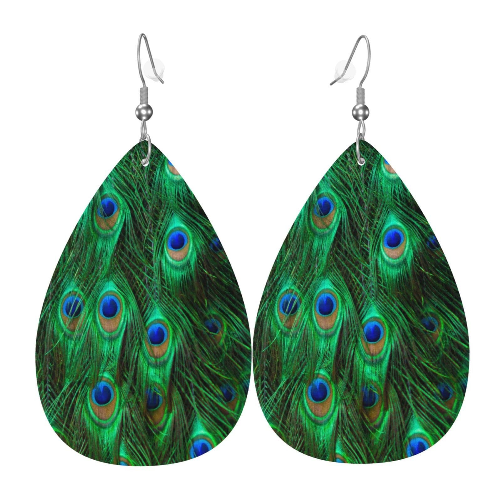 Peacock Feathers Faux Leather Earrings for Women,Peacock Feathers Green Dot Earr