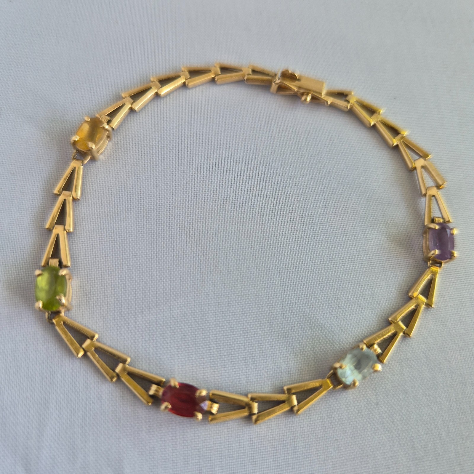 Multi Color Gemstone bracelet 14k Solid Yellow Gold Link Style Bracelet 7″