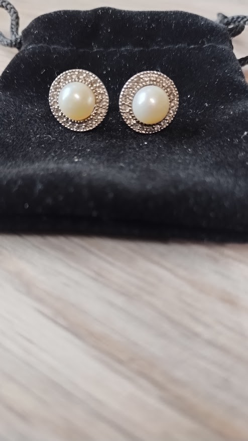 Cultured Pearl Stud Earrings 7-8mm with Diamond Accents & Sterling Silver