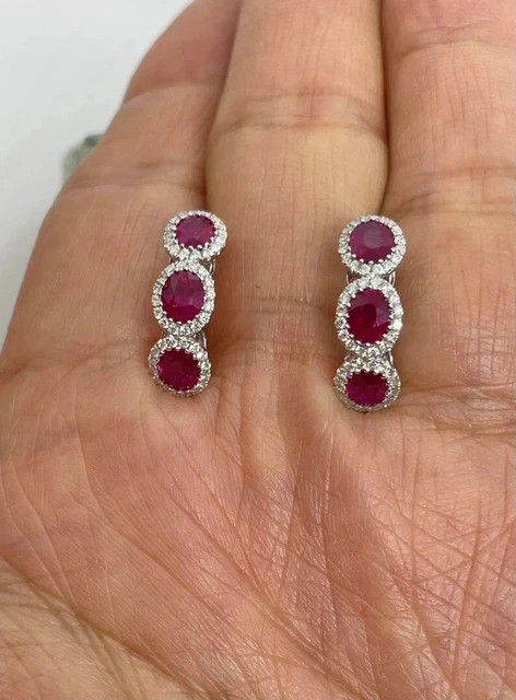 4CT Oval Cut Lab Created Ruby 14k White Gold Plated Clip-on Hoop Earring