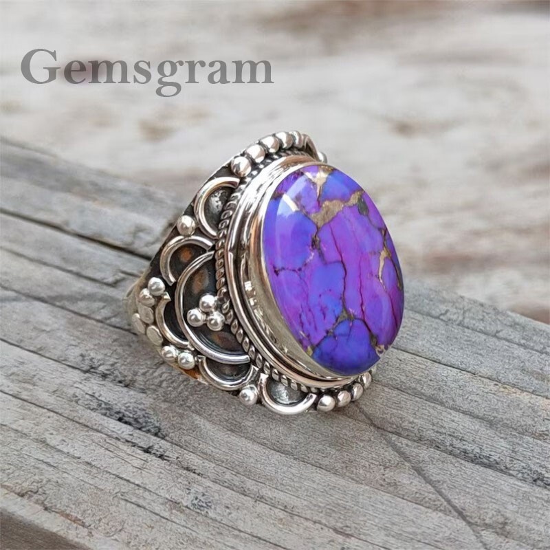 925 Sterling Silver Handmade Women Ring Purple Copper Turquoise Stone Jewelry