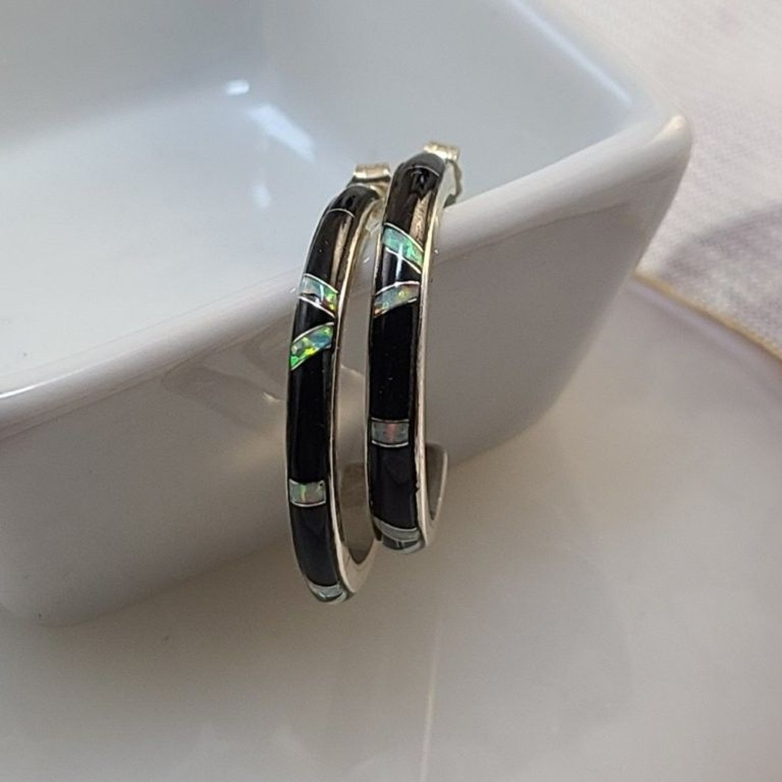 Black Jade Opal Half Hoop Earrings 925 Sterling Silver Inlay Medium Fine Jewelry