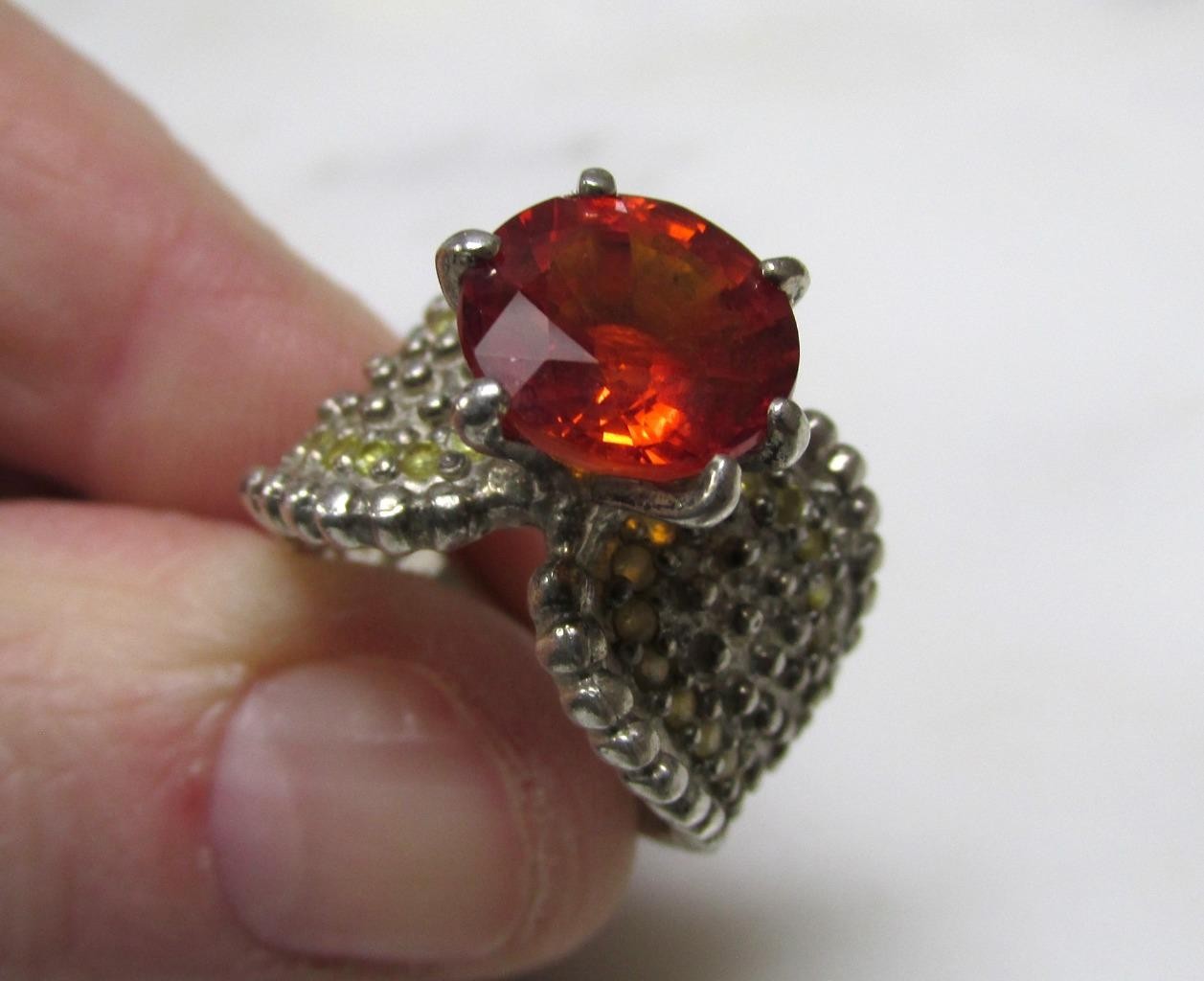 Unknown Orange Gemstone Sterling Silver Ring w/ Accents ~ Size 7 ~ 9.4g ~ 5-C416