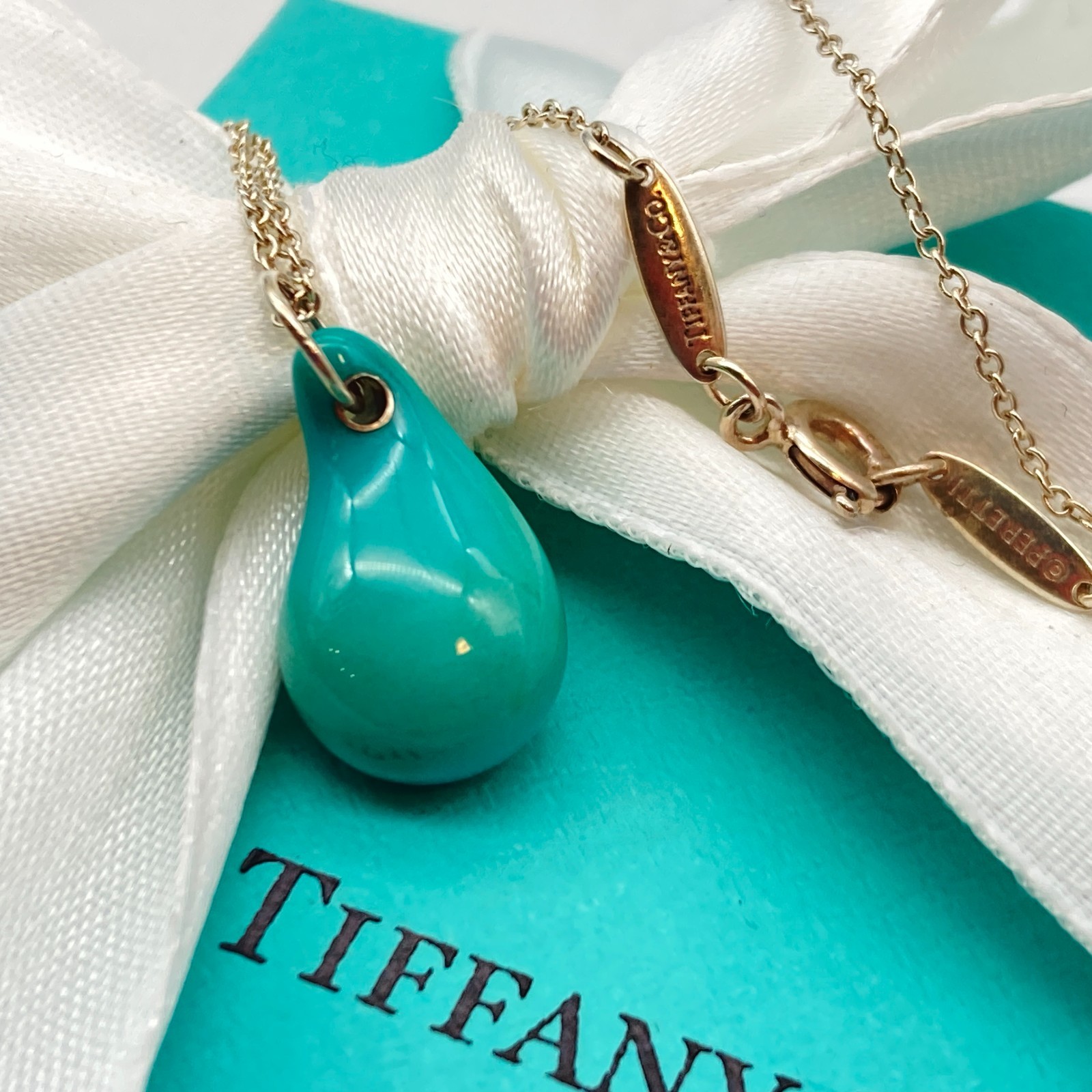 Tiffany & Co. Turquoise Teardrop Necklace Pendant 16″ Elsa Peretti Silver 2.7g