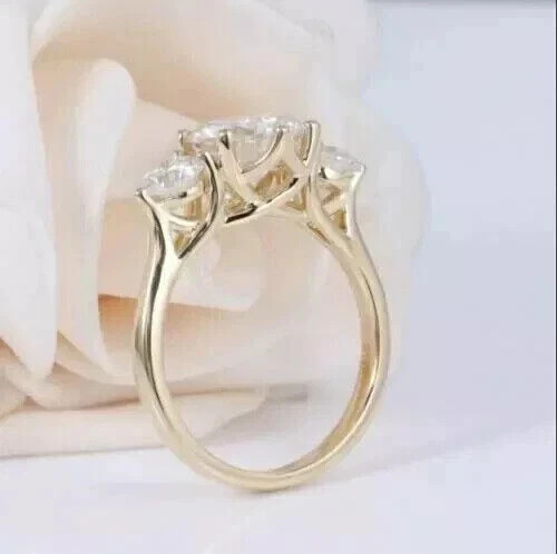 2.50 Ct Round Cut Lab Created Diamond 14K Yellow Gold Plated Three Stone Ring