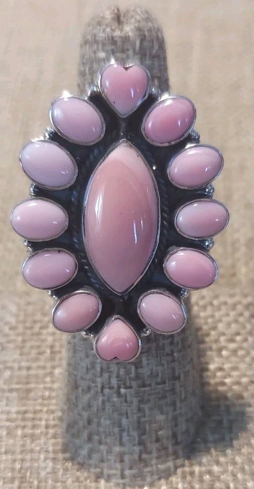New Large Sterling Silver & Natural Pink Conch Heart Adjustable Ring