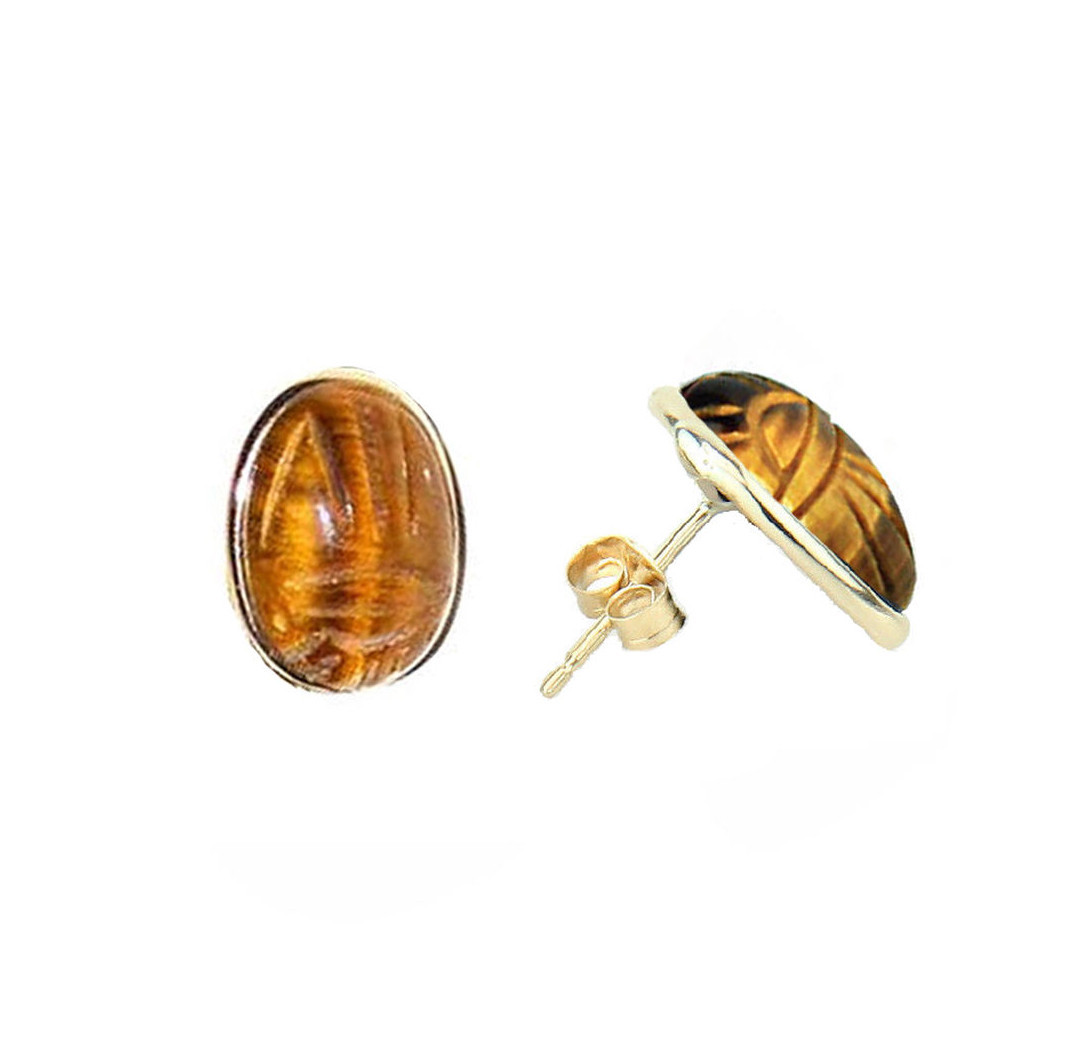 14K Yellow Gold Oval Shaped Tiger Eye Scarab Earrings