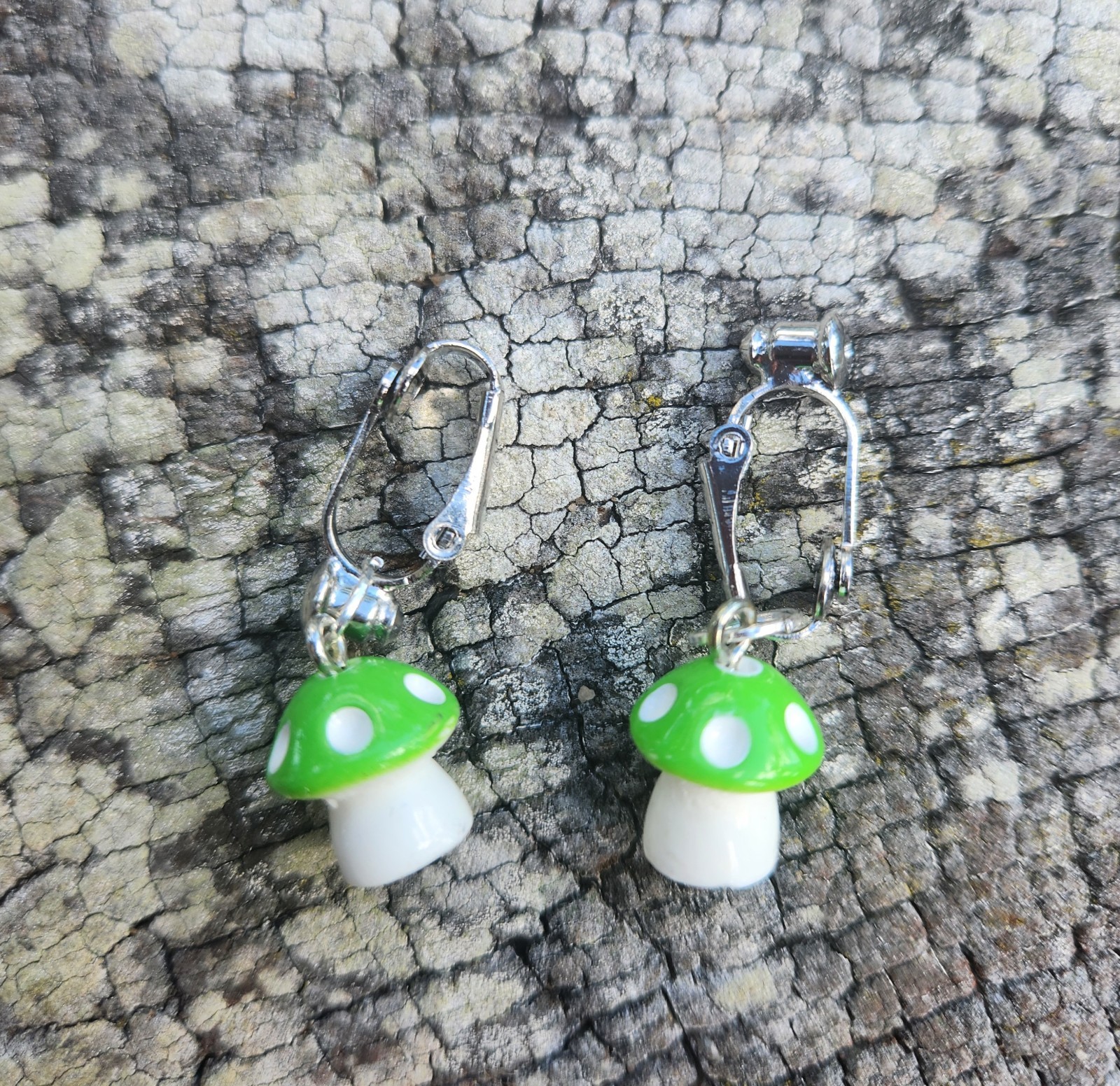 Bright Green Mushroom Clip On Earrings Handcrafted Quirky Dangle New
