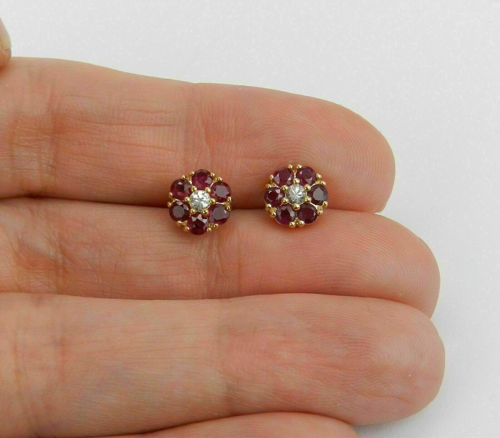 Genuine Red Ruby 1Ct Round Cut Flower Stud Earring 14k Yellow Gold Plated Silver