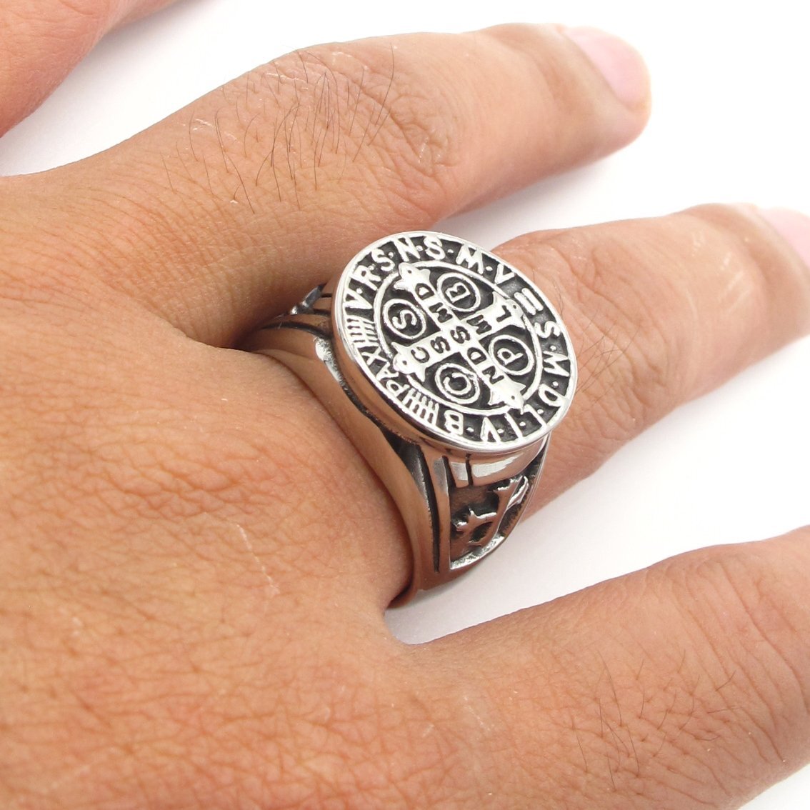MENDEL Mens Catholic St Saint Benedict Cross Ring Stainless Steel Exorcism Medal