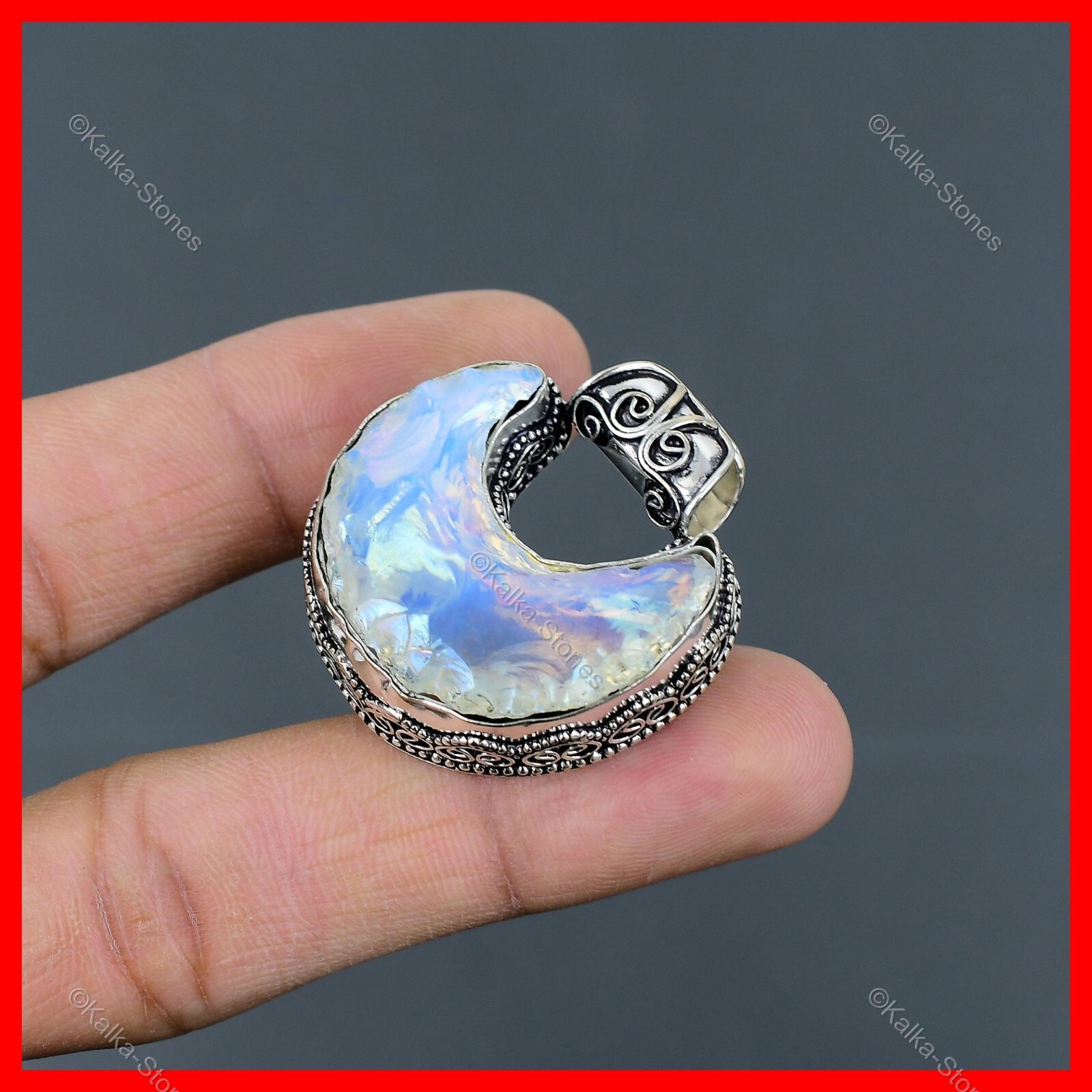 Milky Opal Rough Gemstone Crescent Moon Vintage Wife Pendant 925 Sterling Silver