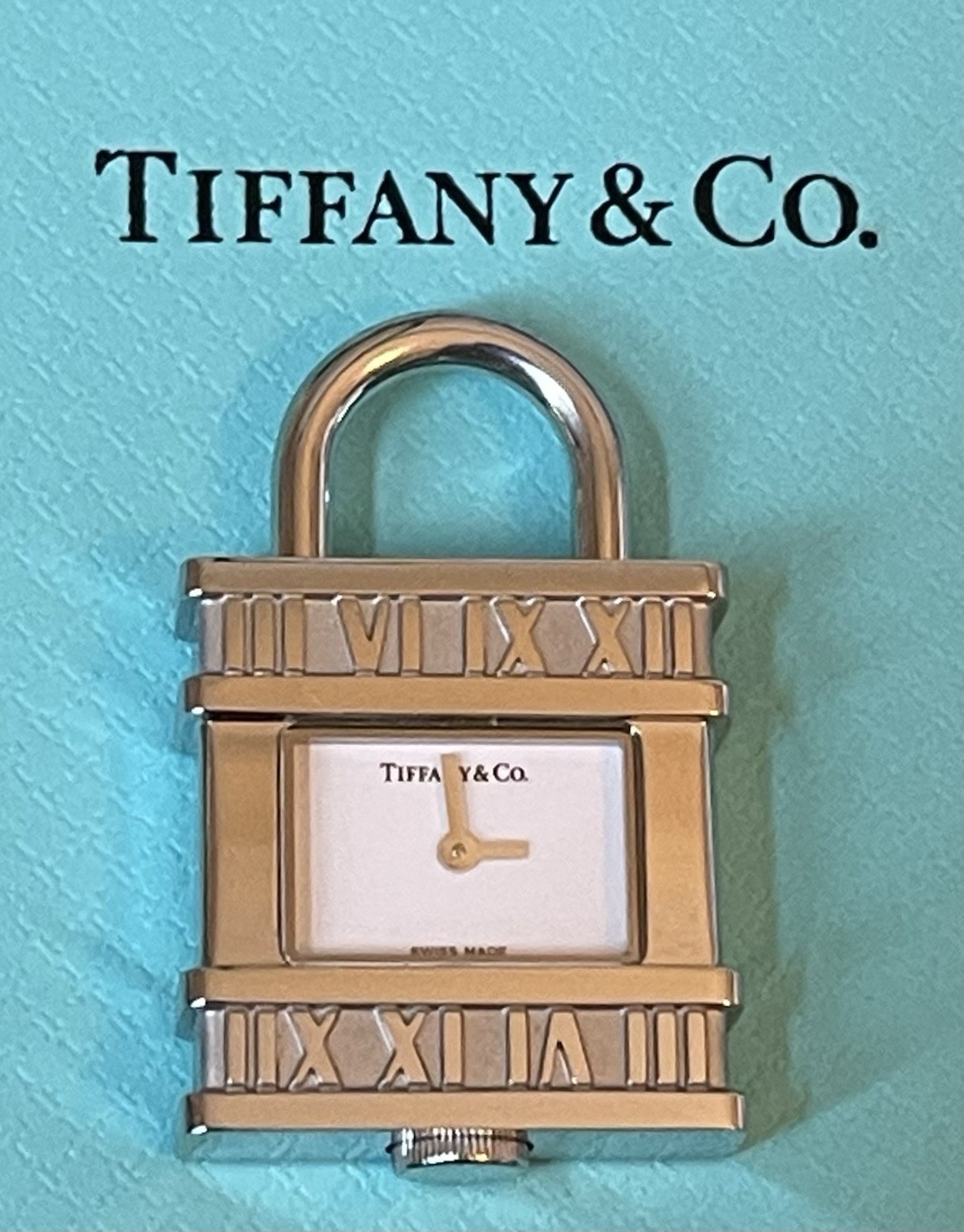 Tiffany & Co Atlas Roman Numerals Stainless Steel Padlock Watch Charm Swiss Made