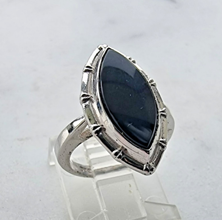 925 STERLING SILVER 15x7mm. MARQUIZE NATURAL BLACK ONYX RING SIZE 3.5