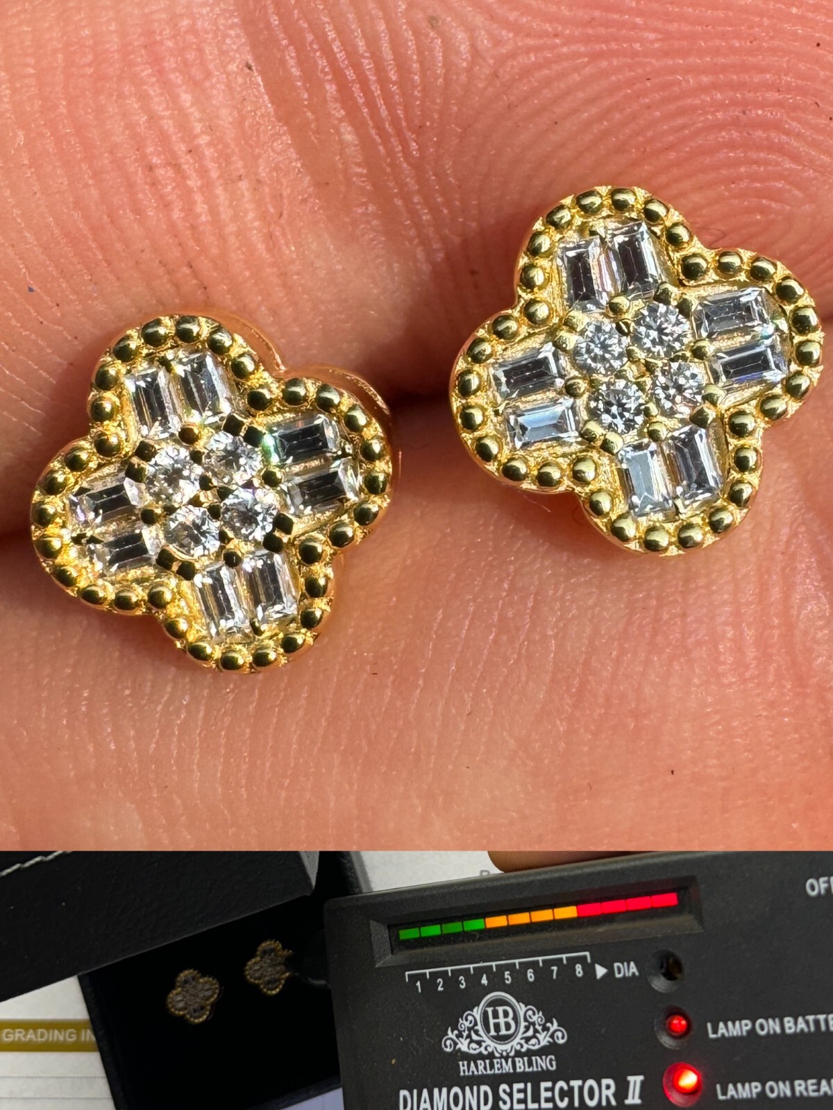 MOISSANITE Earrings Clover 10mm Real 14k Gold & 925 Silver Iced Baguette Studs