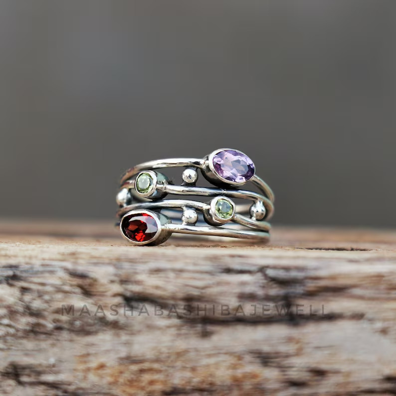 Garnet & Amethyst Stone Ring 925 Silver Handmade Anniversary Ring All Size R314