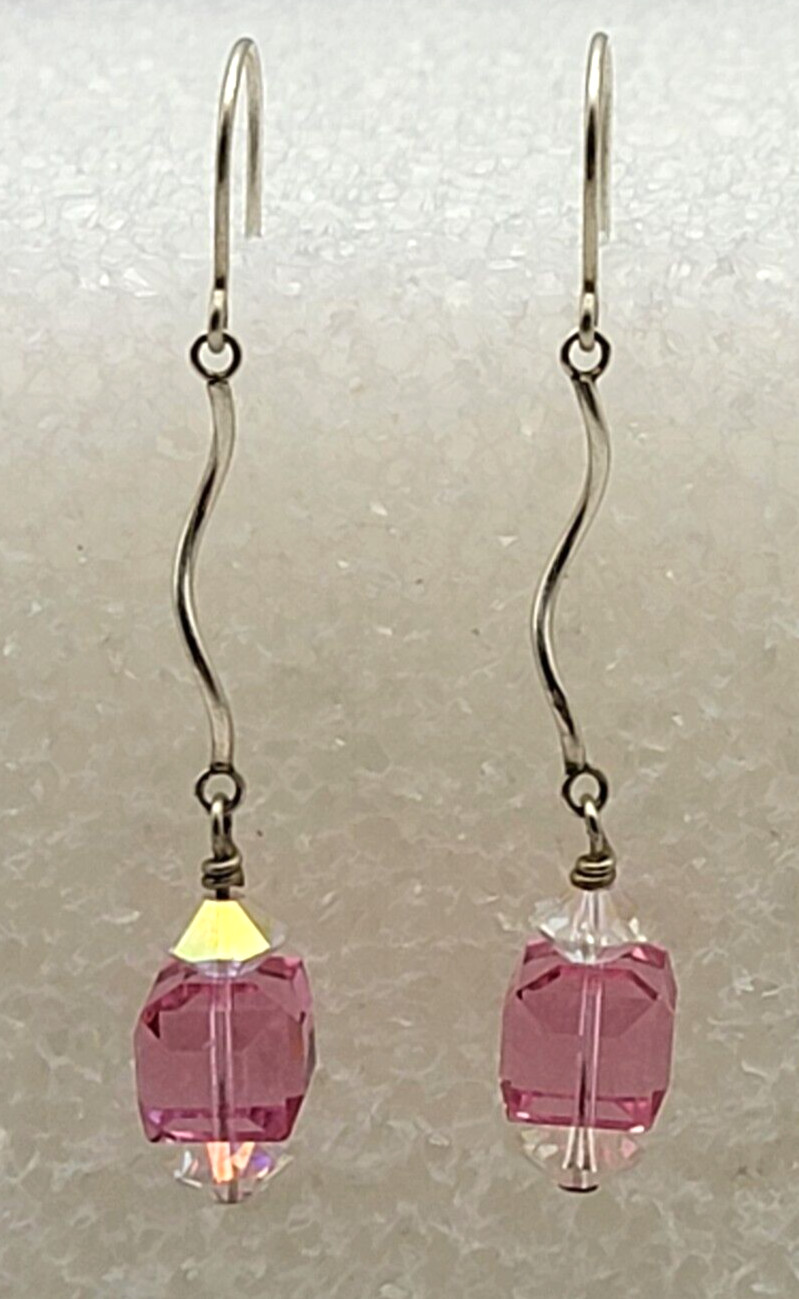 Pink Crystal Cube Sterling Silver 925 Dangle Earrings French Wire 0.5 Inch