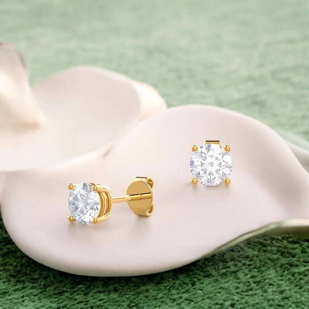 Stud Earrings For New Year 14k Yellow Gold 1TCW Round Natural Diamond IJ/SI-I2