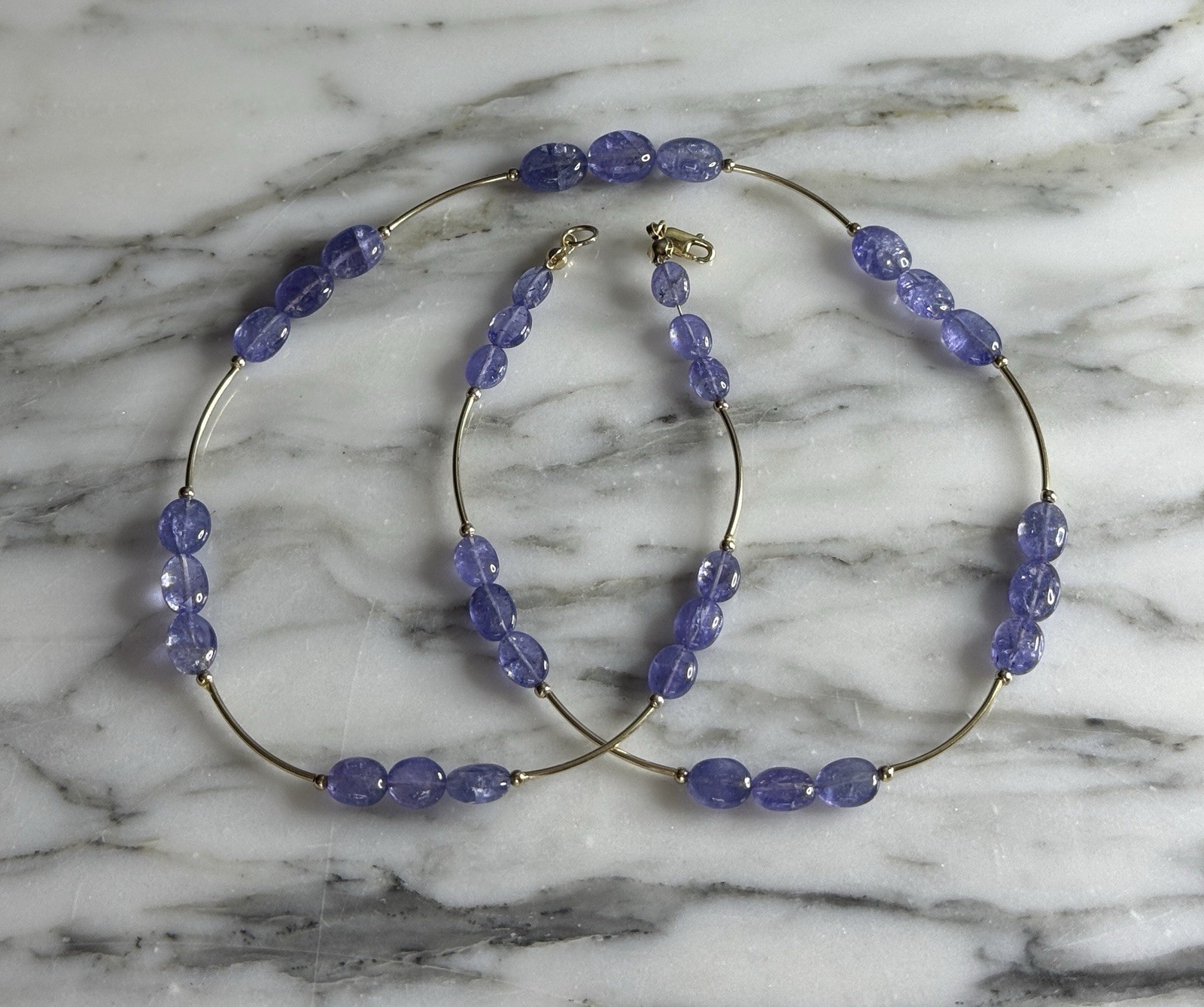 14k Solid Yellow Gold Scalloped Tanzanite Station Necklace 19 Inches