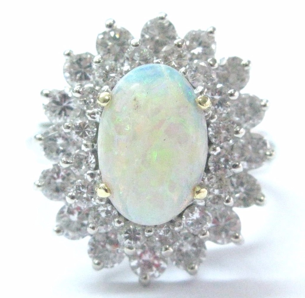 Opal & Diamond Ring Solid 14Kt White Gold 2.85Ct H-I/SI1 EYE CLEAN FULL OF SHINE