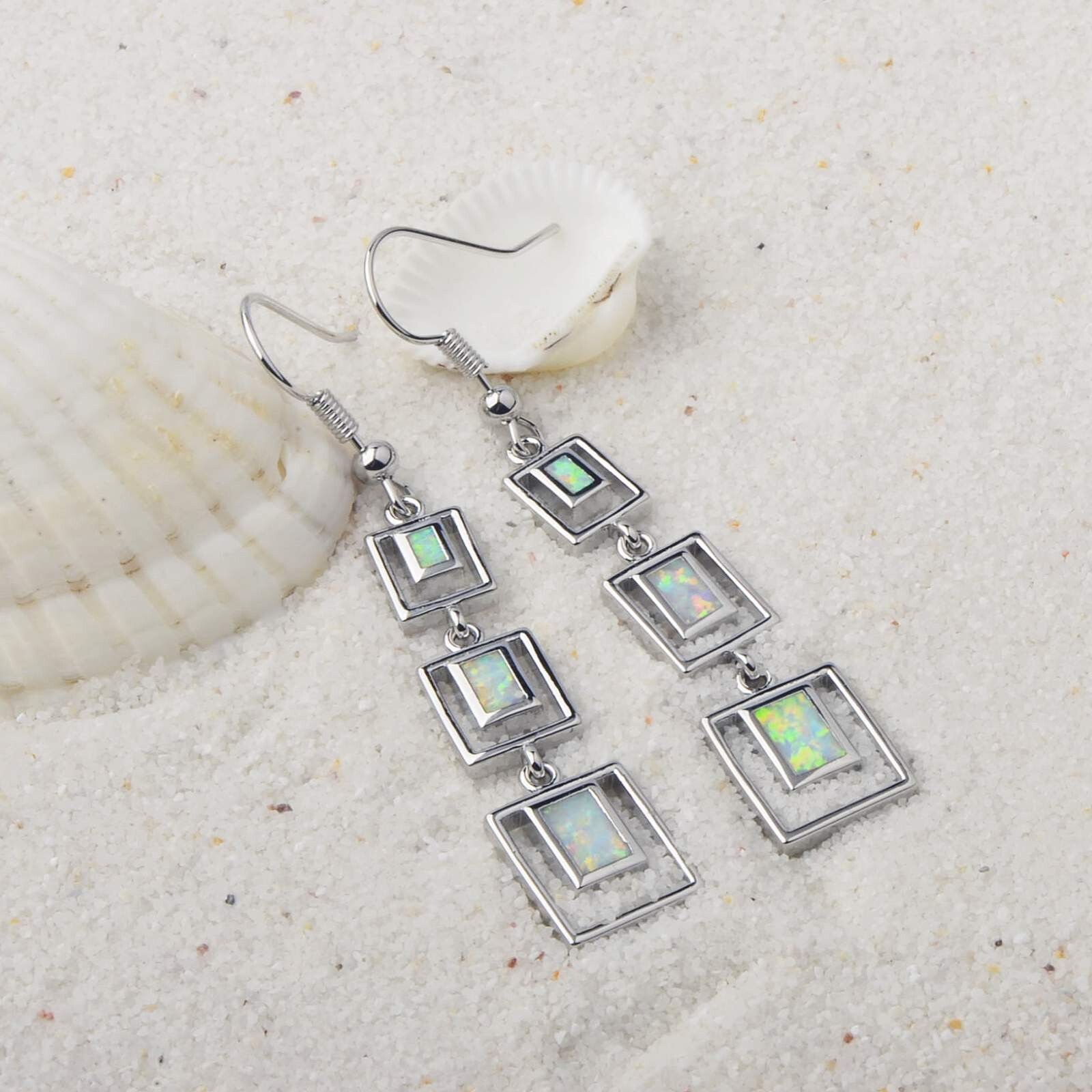Hawaii White Fire Opal Rectangle Earrings Silver Filled For Women Girls