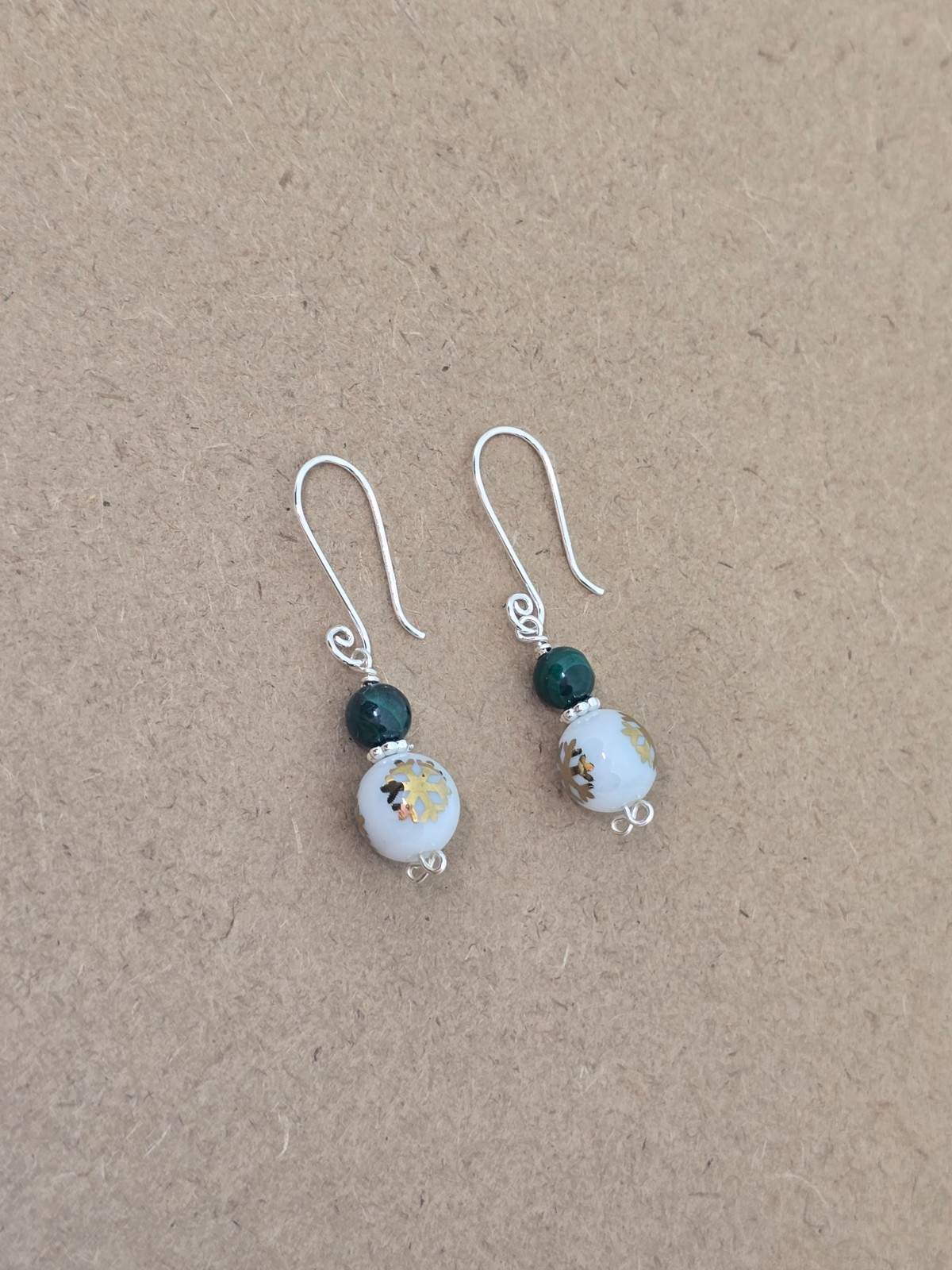 925 Sterling Silver Malachite and White Austria Crystal Drop Dangle Earrings